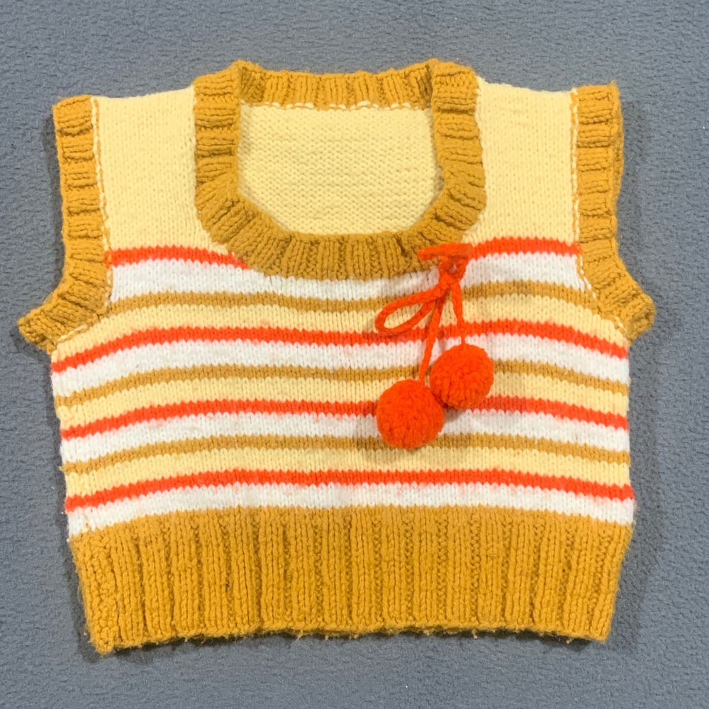 Vintage Sweater Vest Kids 4T 5T Striped Hand Knit Pom Pom Cherry Retro Boho